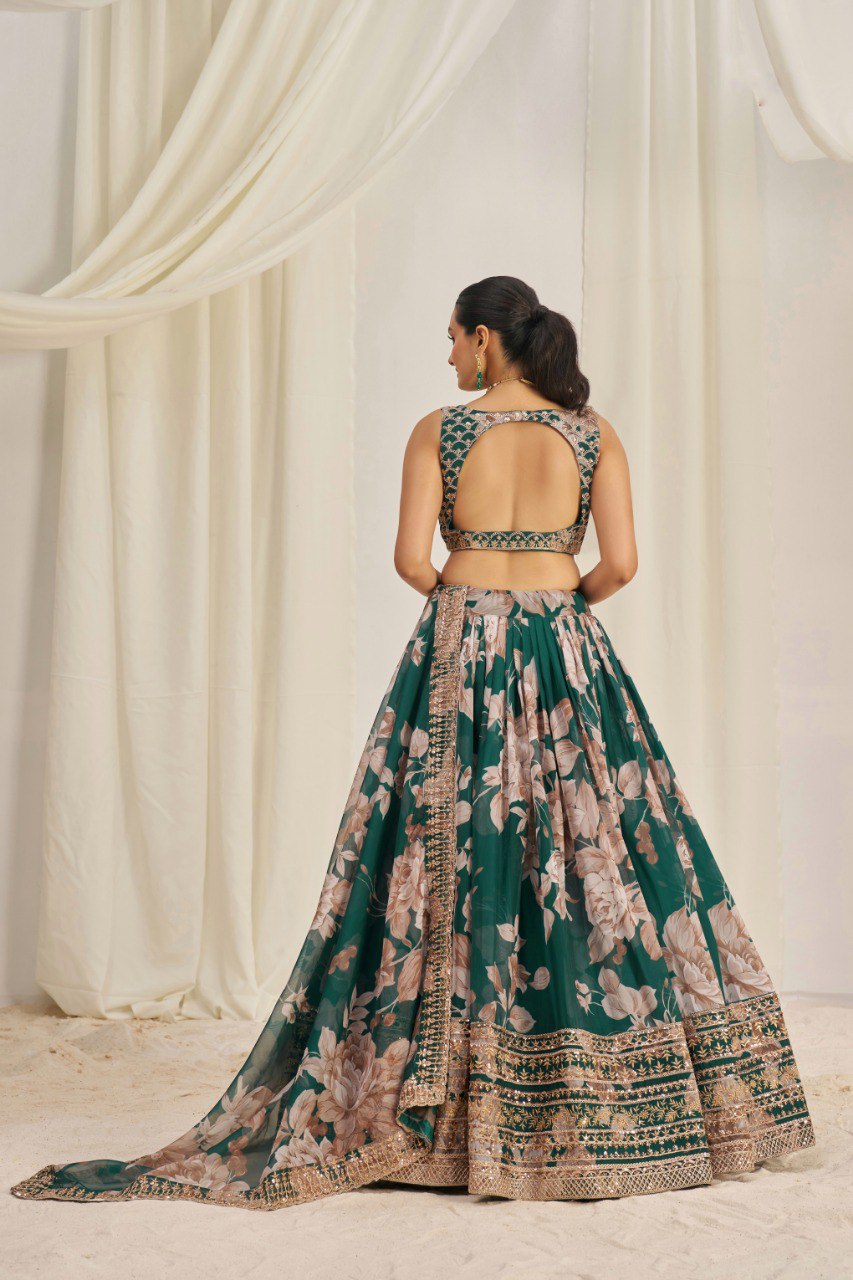 Green Print & Embroidered Organza Silk Lehenga Choli