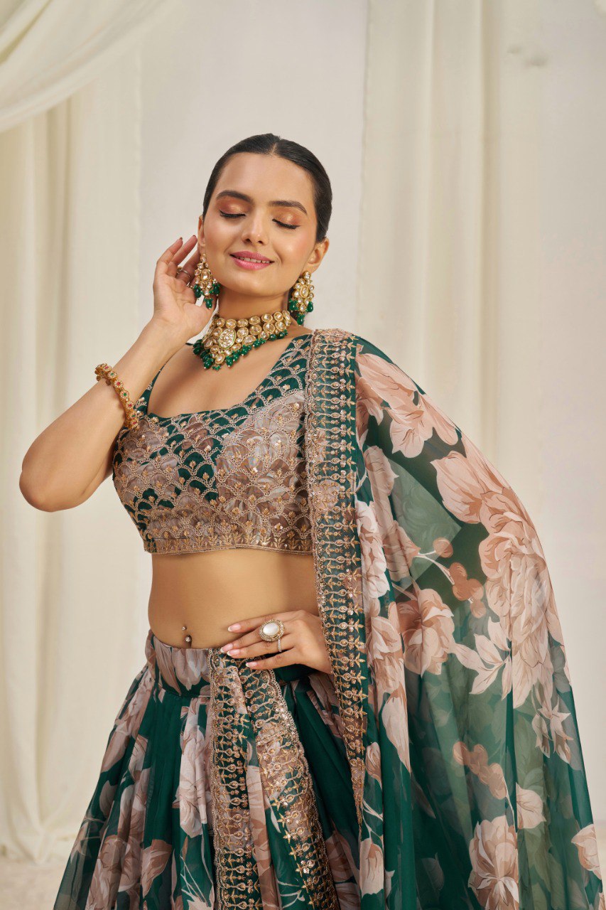 Green Print & Embroidered Organza Silk Lehenga Choli