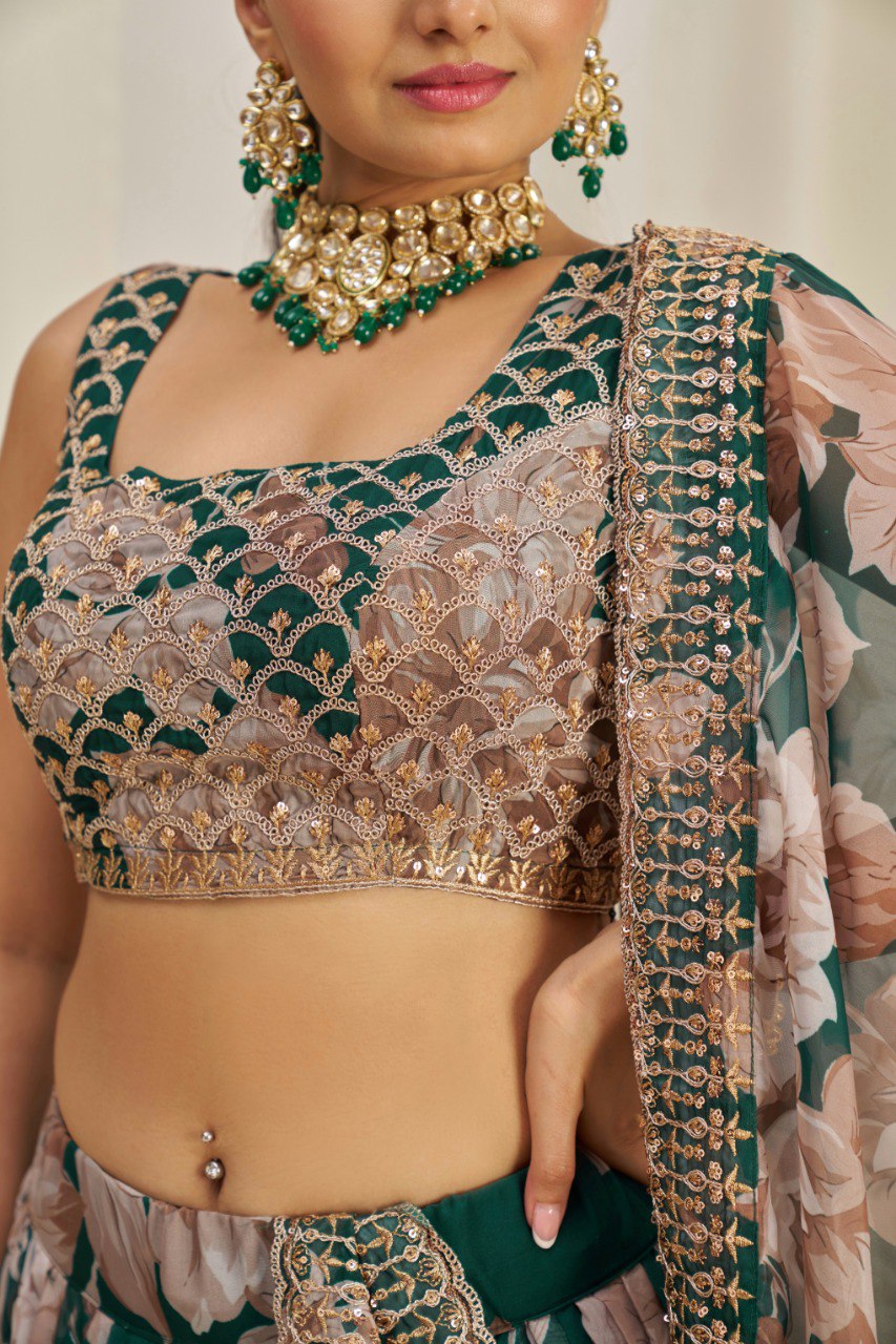 Green Print & Embroidered Organza Silk Lehenga Choli
