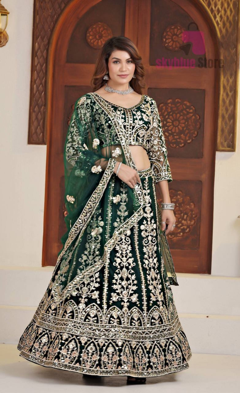 Green Color DVD Soft Net Sequence Work Lehenga Choli