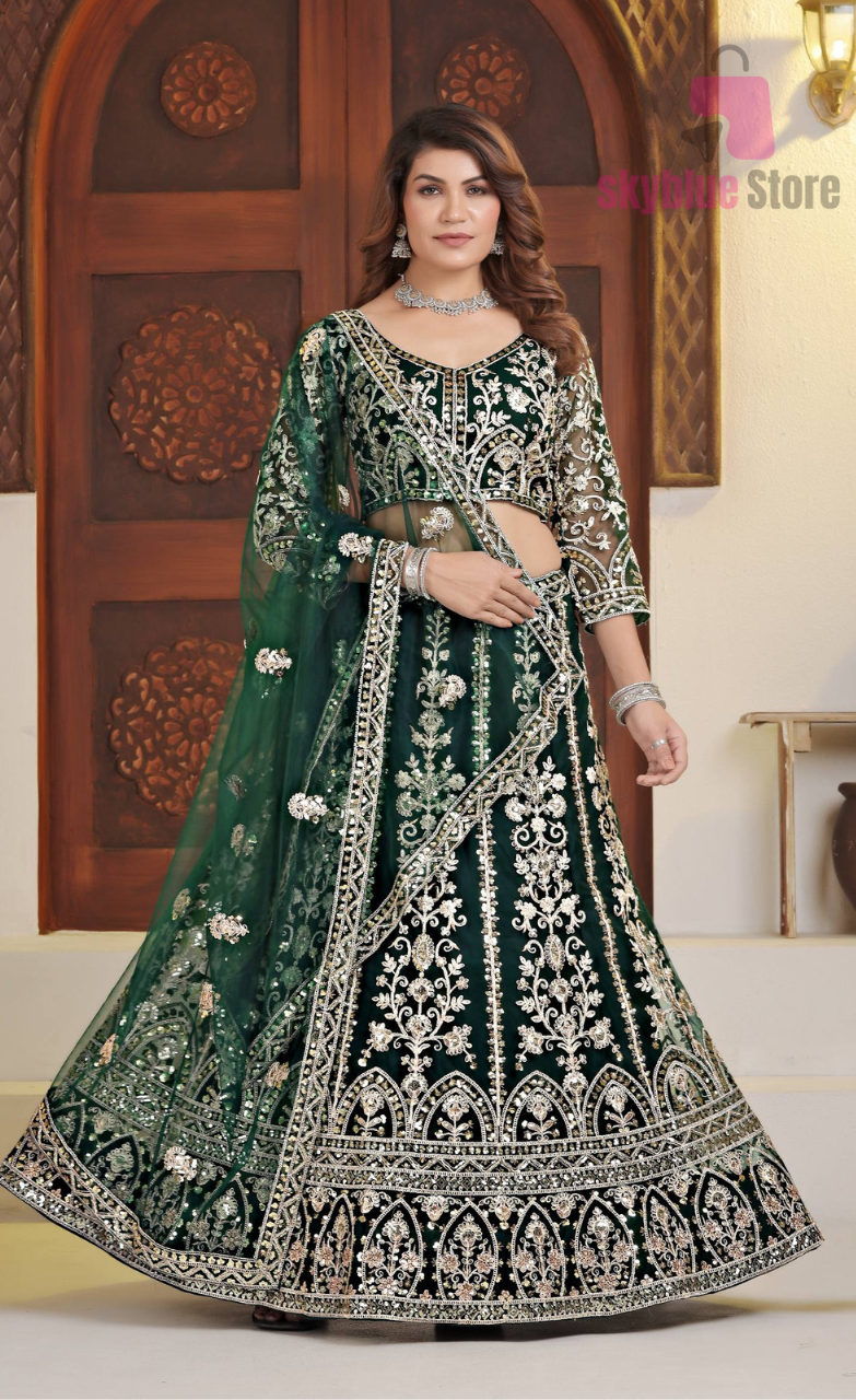 Green Color DVD Soft Net Sequence Work Lehenga Choli