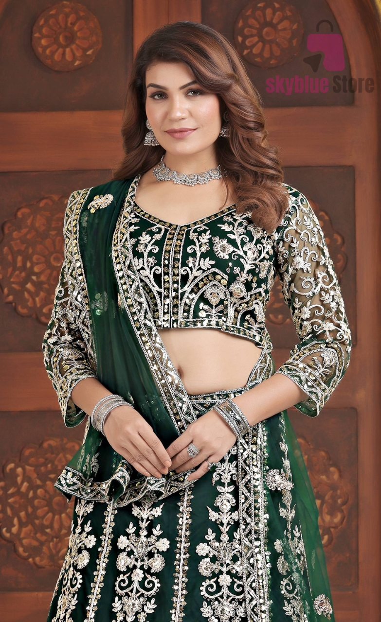Green Color DVD Soft Net Sequence Work Lehenga Choli