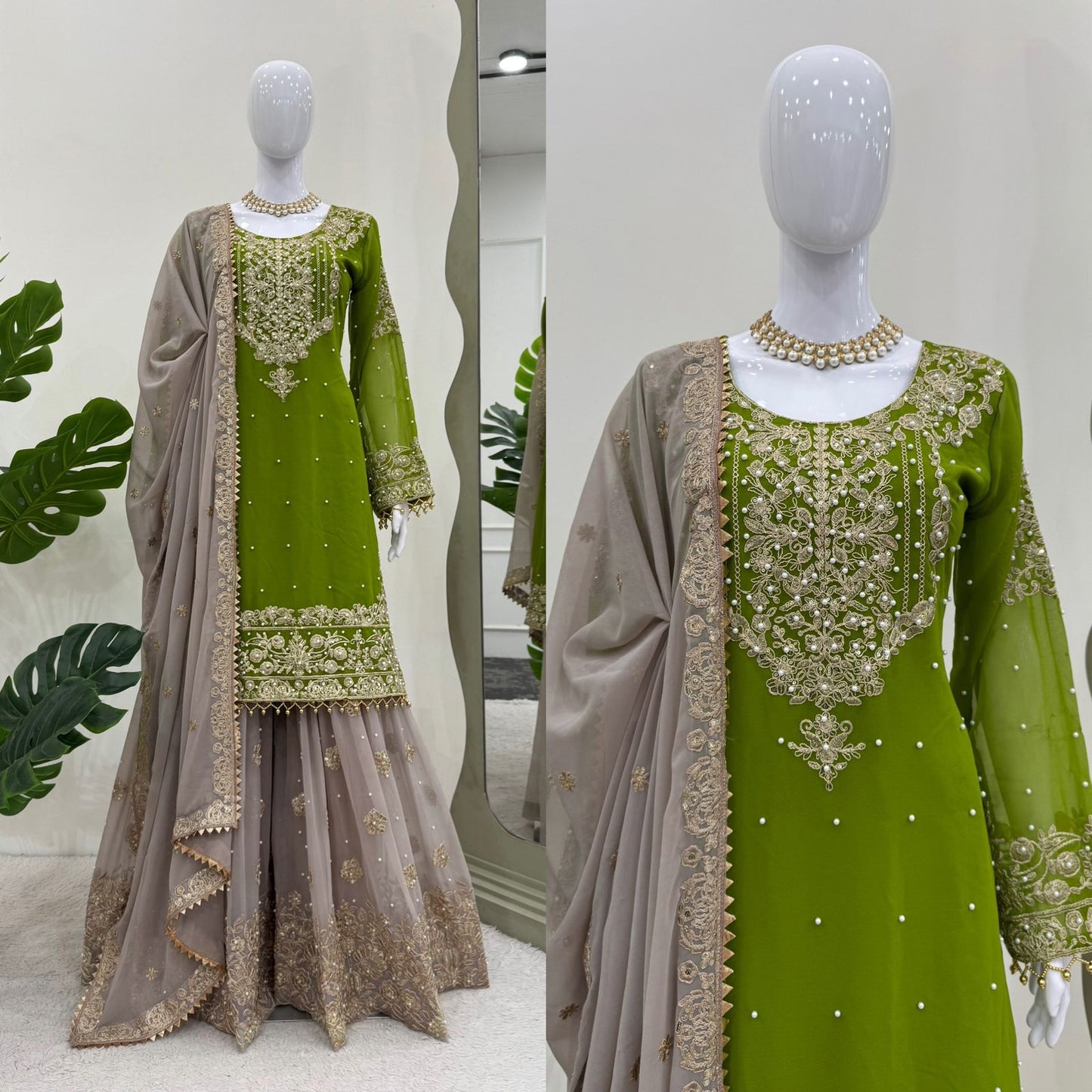 Parrot Green Georgette Full Stiched Sharara Suit