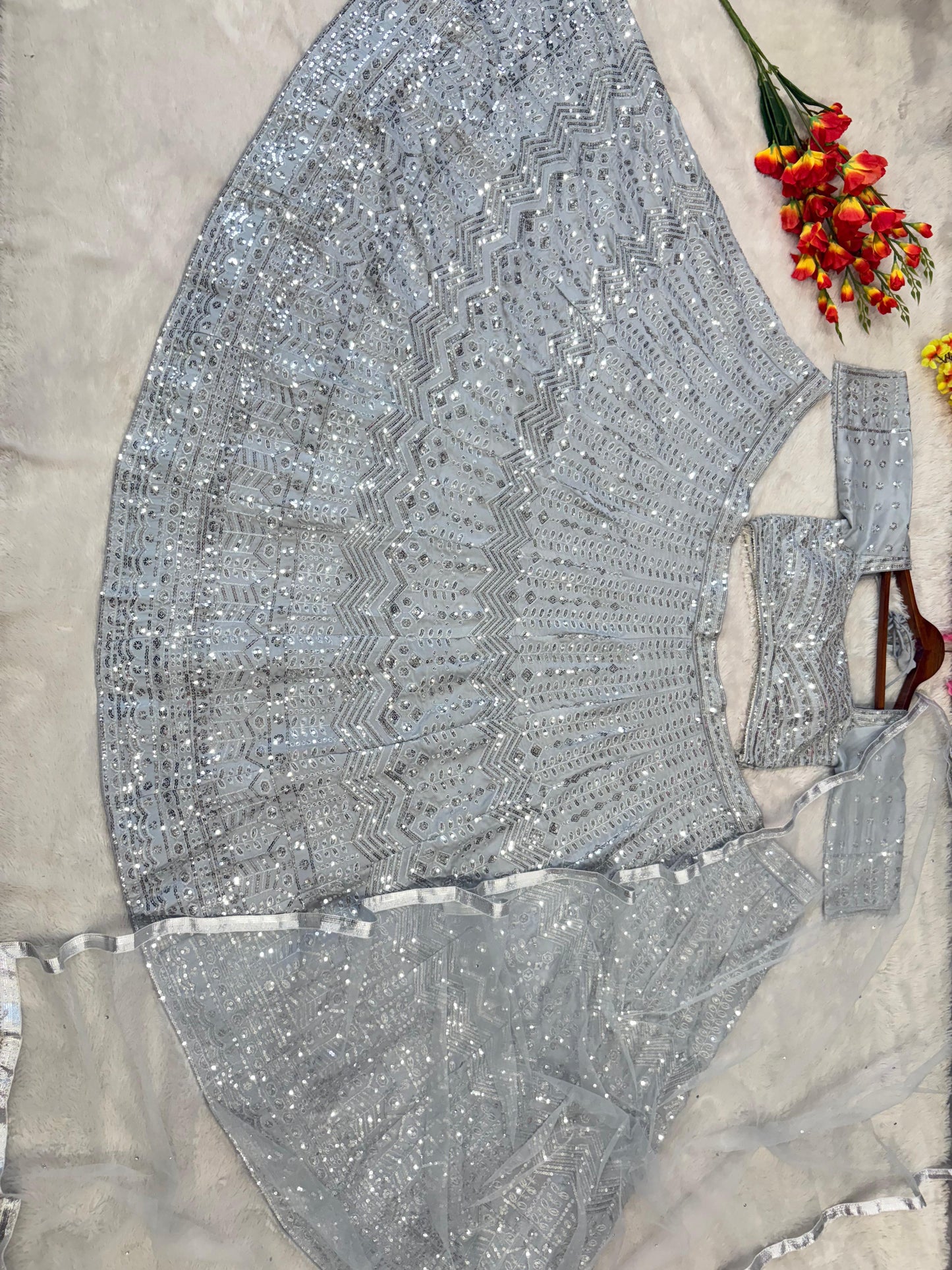 Grey Color Silk Sequence Work Semi Stitched Lehenga Choli