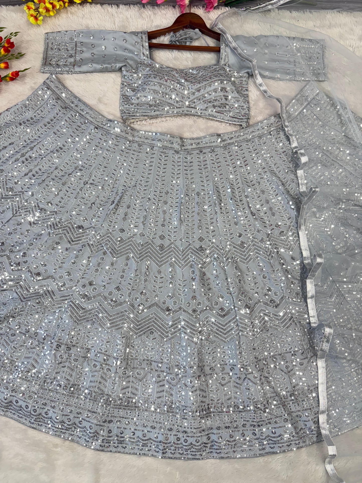 Grey Color Silk Sequence Work Semi Stitched Lehenga Choli