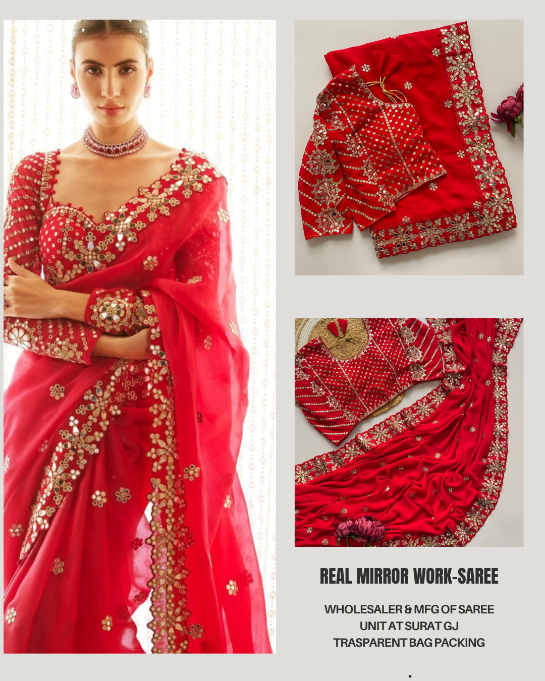 Red Color Real Mirror Work Georgette Saree with Stitched Blouse