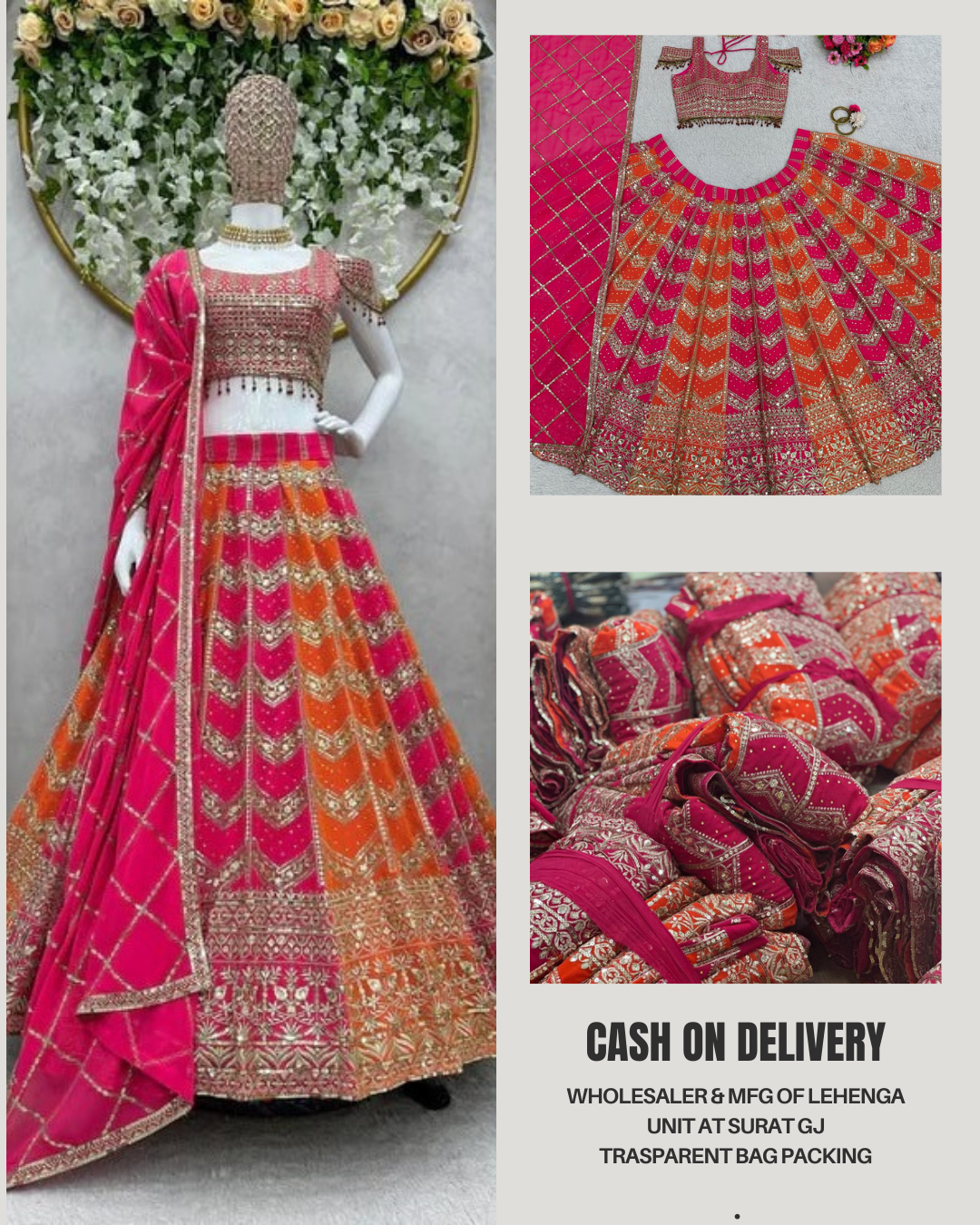 Pink Orange Color Georgette Sequence Work Wedding Wear Lehenga