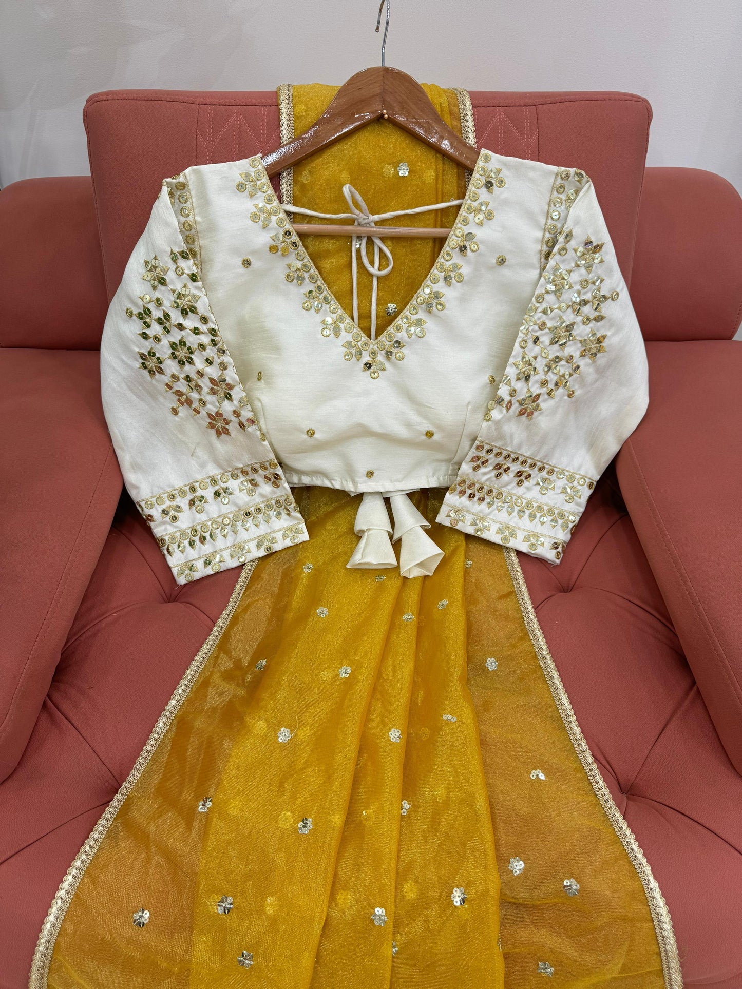 Haldi Wear Twill Net Saree With Stitched Heavy Thread Sequence Work Blouse