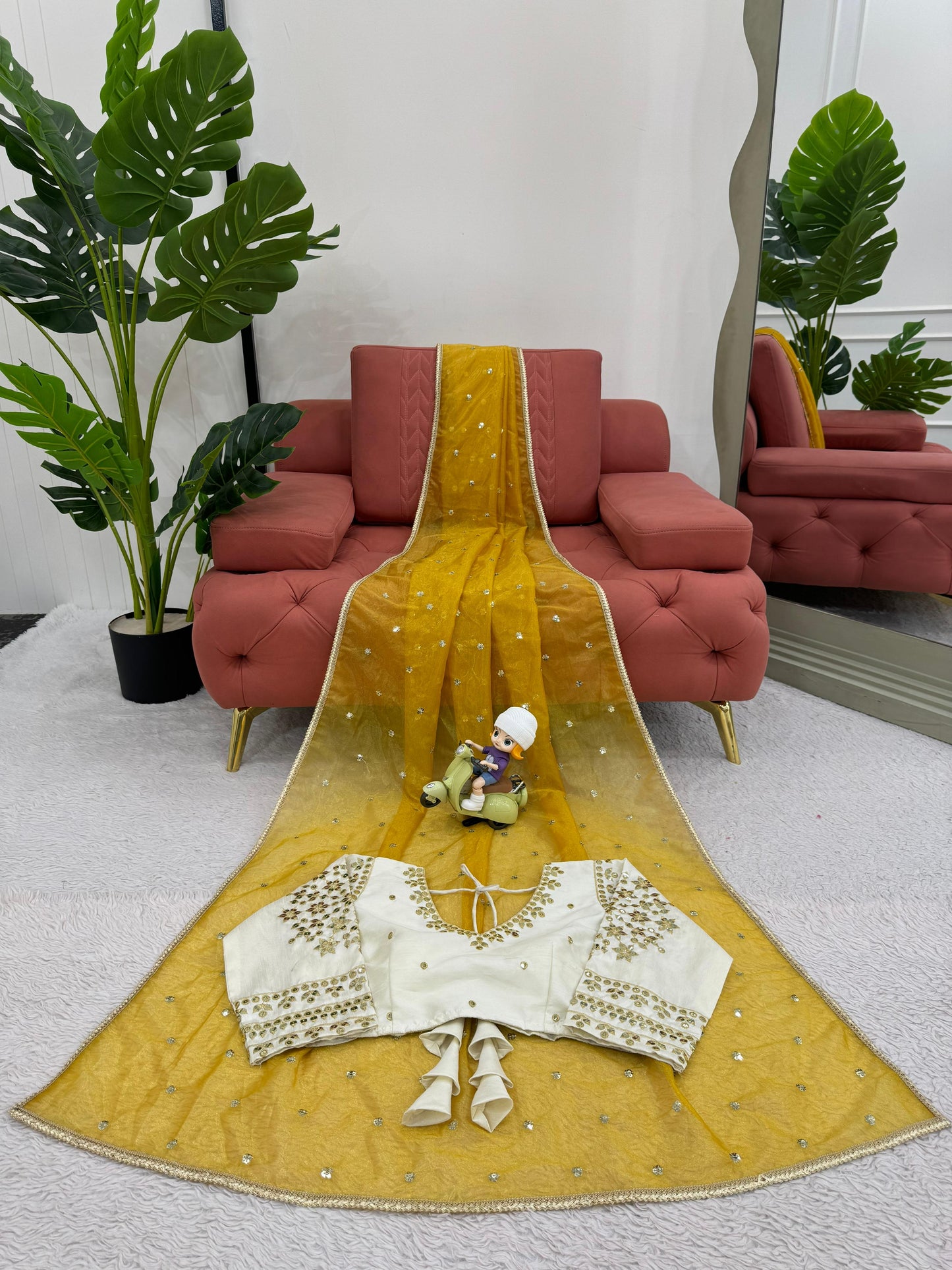 Haldi Wear Twill Net Saree With Stitched Heavy Thread Sequence Work Blouse