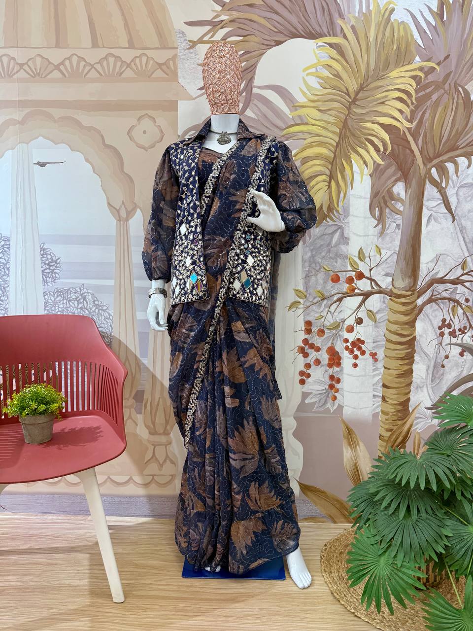 Trending Indo-western Ready To Wear Saree With Fully Embroidered Mirror Work Koti
