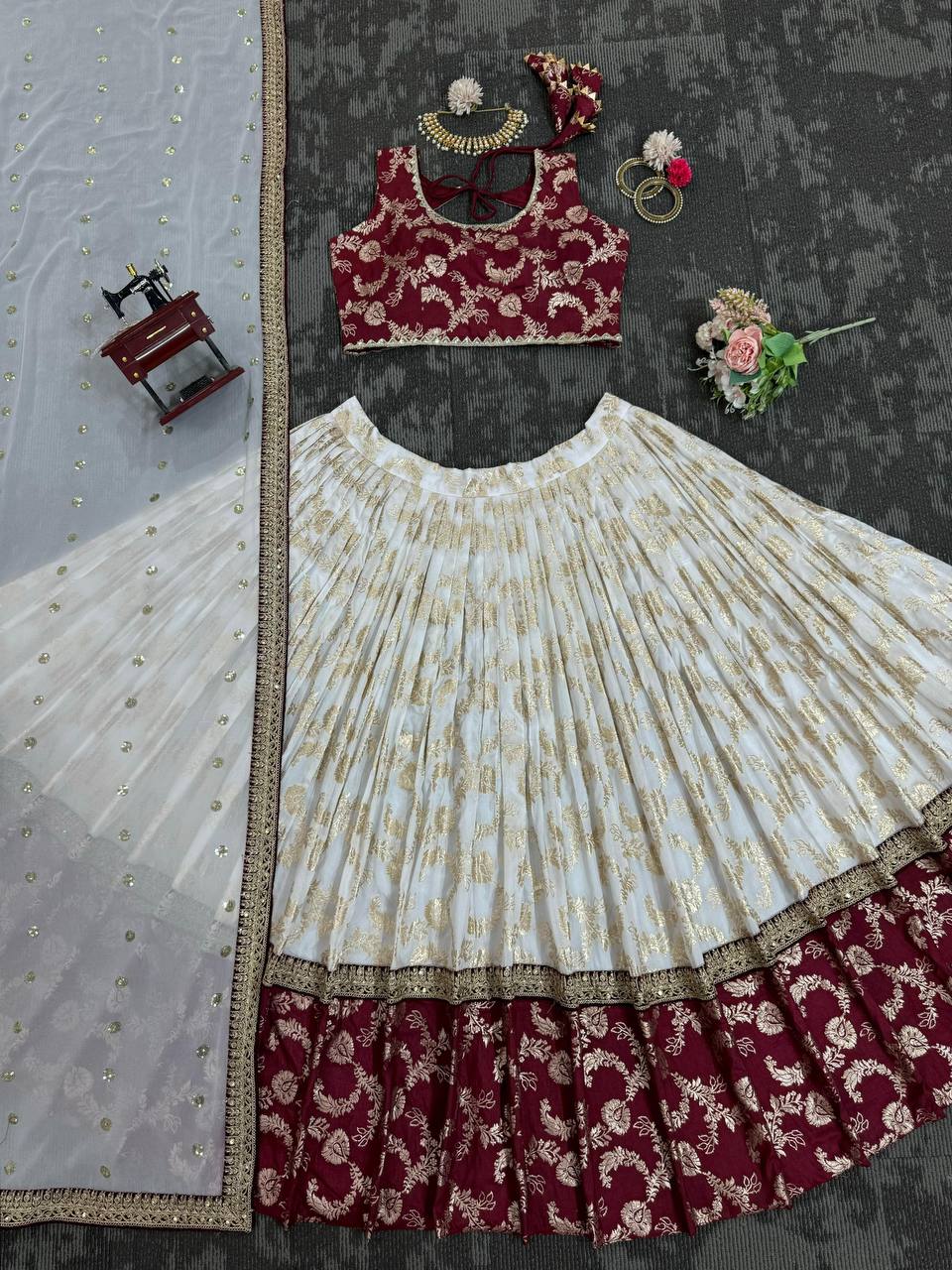 White Maroon Jacquard Silk Lehenga Choli