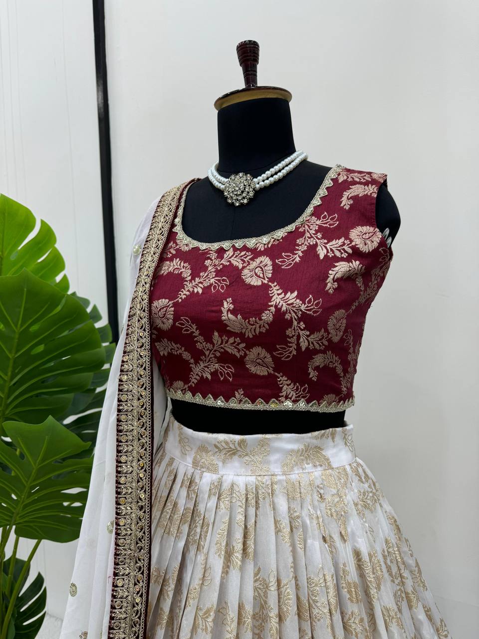 White Maroon Jacquard Silk Lehenga Choli