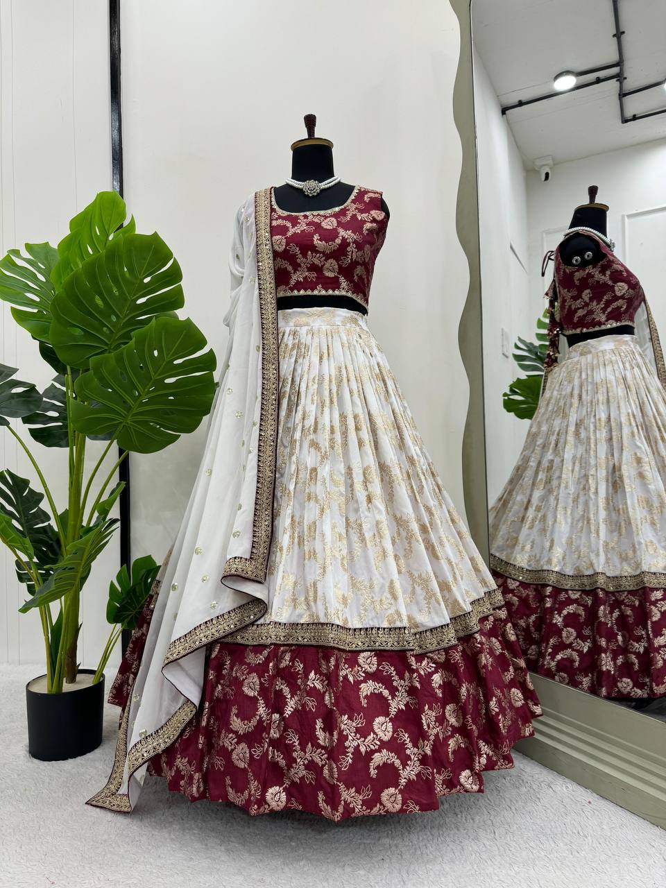 White Maroon Jacquard Silk Lehenga Choli