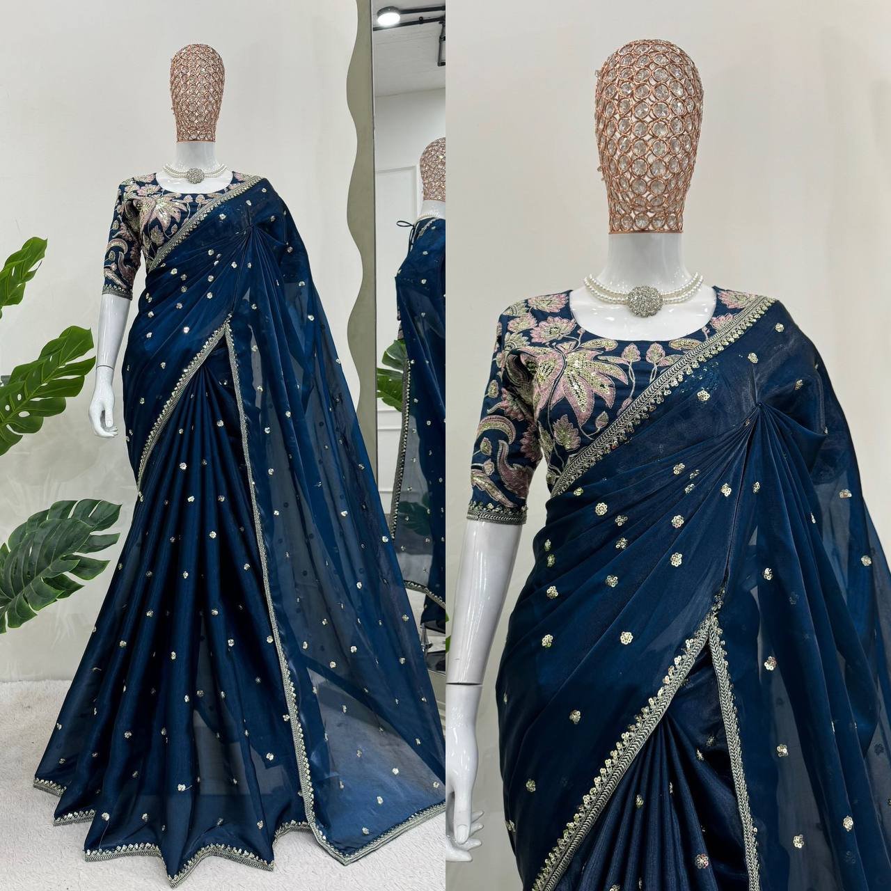 Party Wear Navy Blue Jimmi Chu Silk Sequence Work Designer Saree