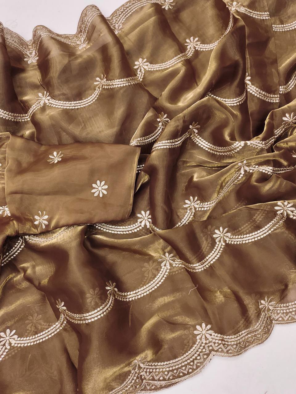 Rust Colour Jimmy Chhu Silk Fabric Heavy Embroidery Zari Work Saree