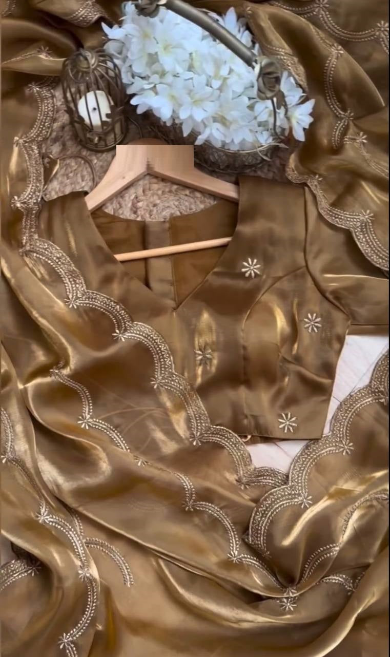 Rust Colour Jimmy Chhu Silk Fabric Heavy Embroidery Zari Work Saree