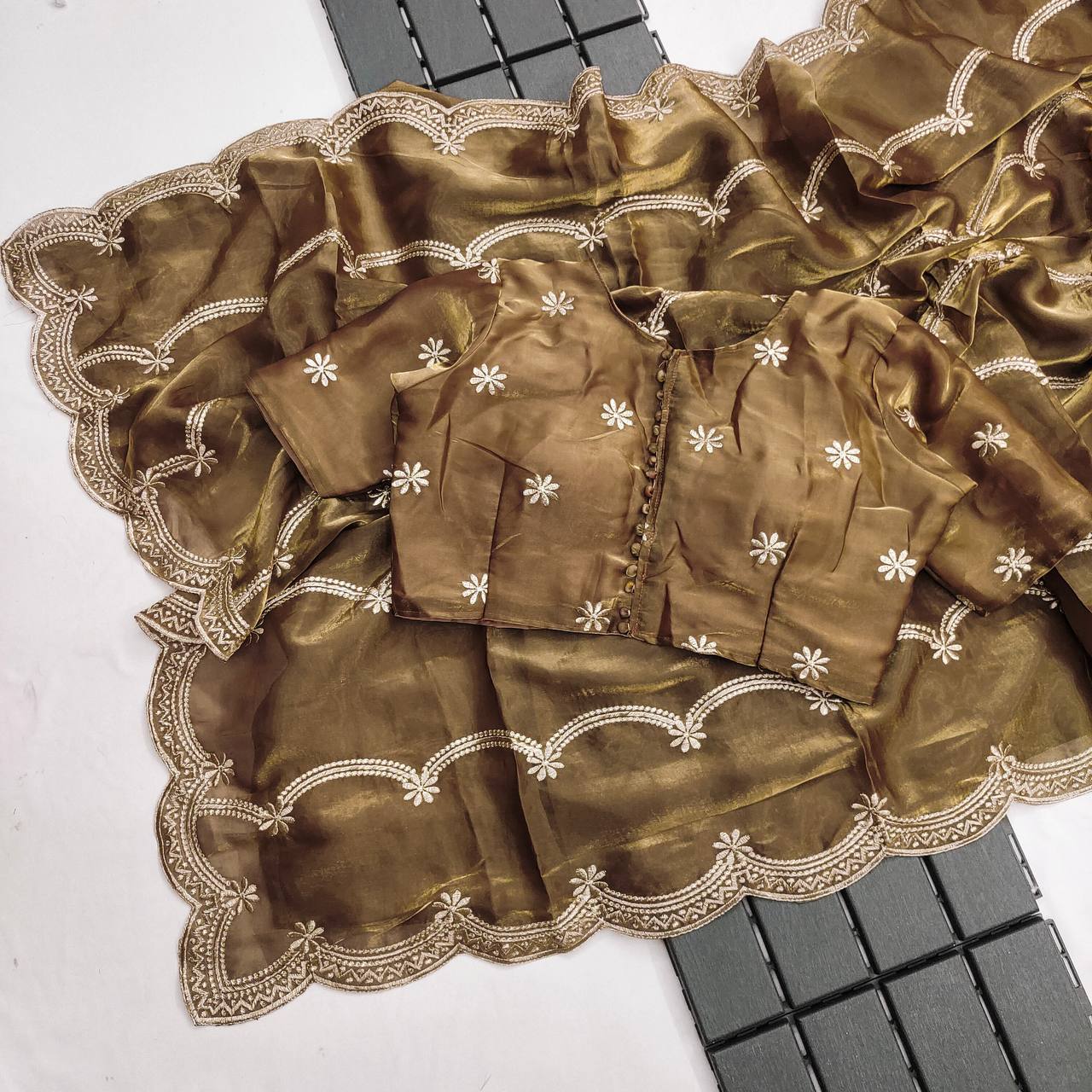 Rust Colour Jimmy Chhu Silk Fabric Heavy Embroidery Zari Work Saree