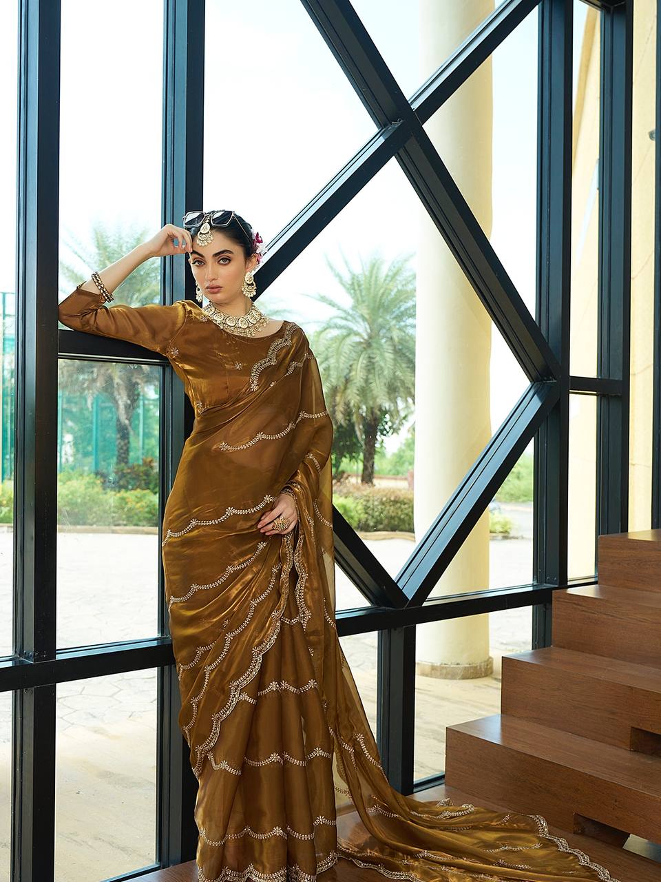 Rust Color Jimmi Chu Silk Sequence Embroidered Work Saree