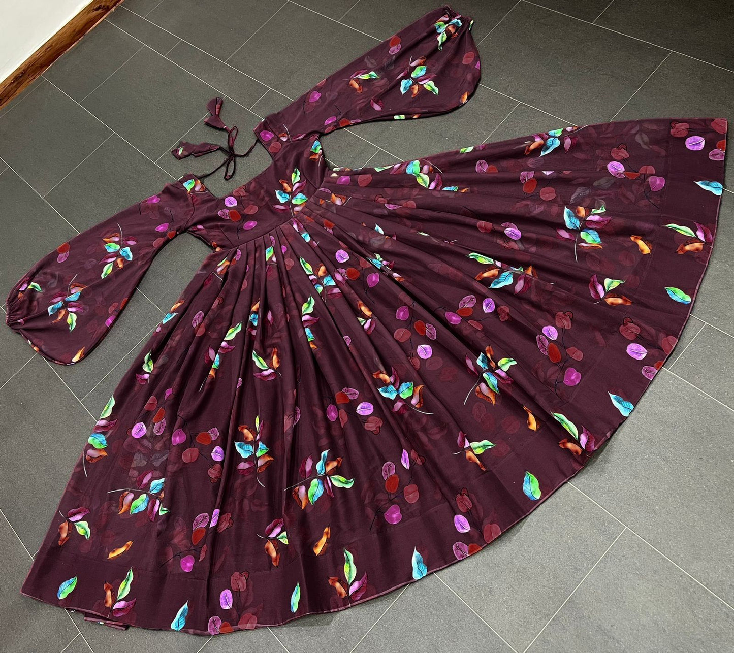 Digital Printed Full Stiched Beautiful Gown With Baloon Sleev