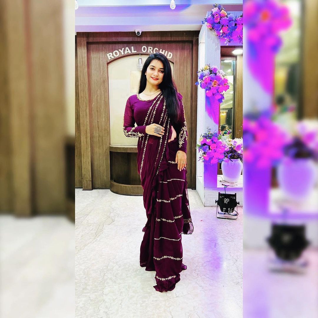 New Ready To Wear Wine Colour Sequence Work Glemorus Georgette Ruffle Saree