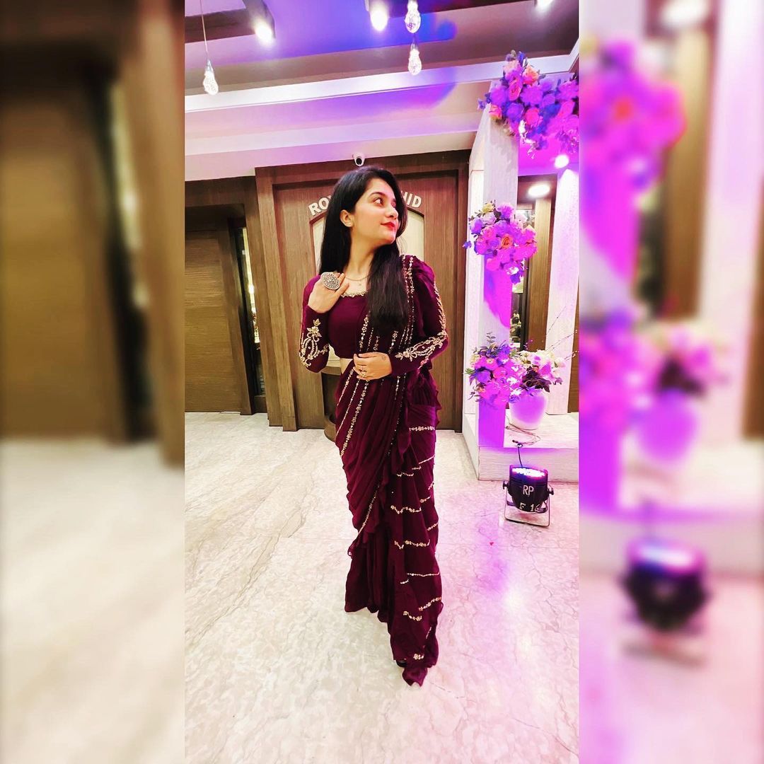 New Ready To Wear Wine Colour Sequence Work Glemorus Georgette Ruffle Saree