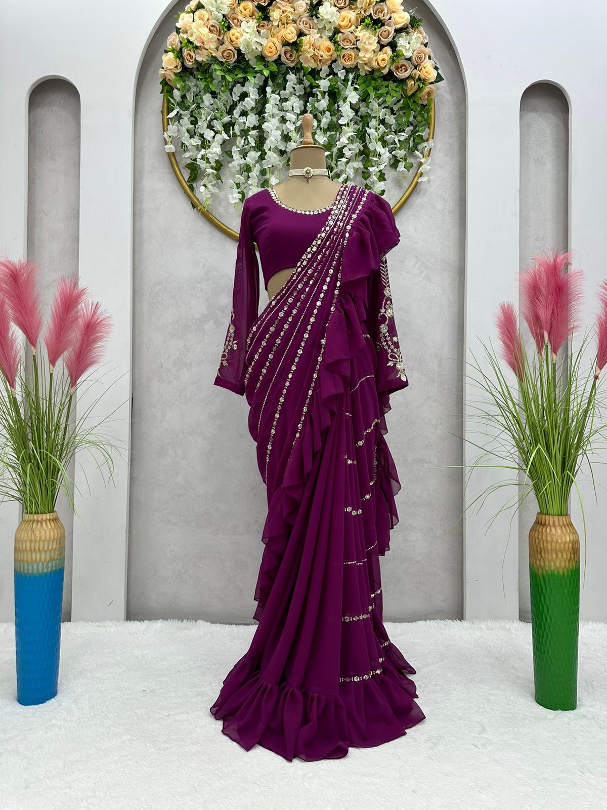 New Ready To Wear Wine Colour Sequence Work Glemorus Georgette Ruffle Saree