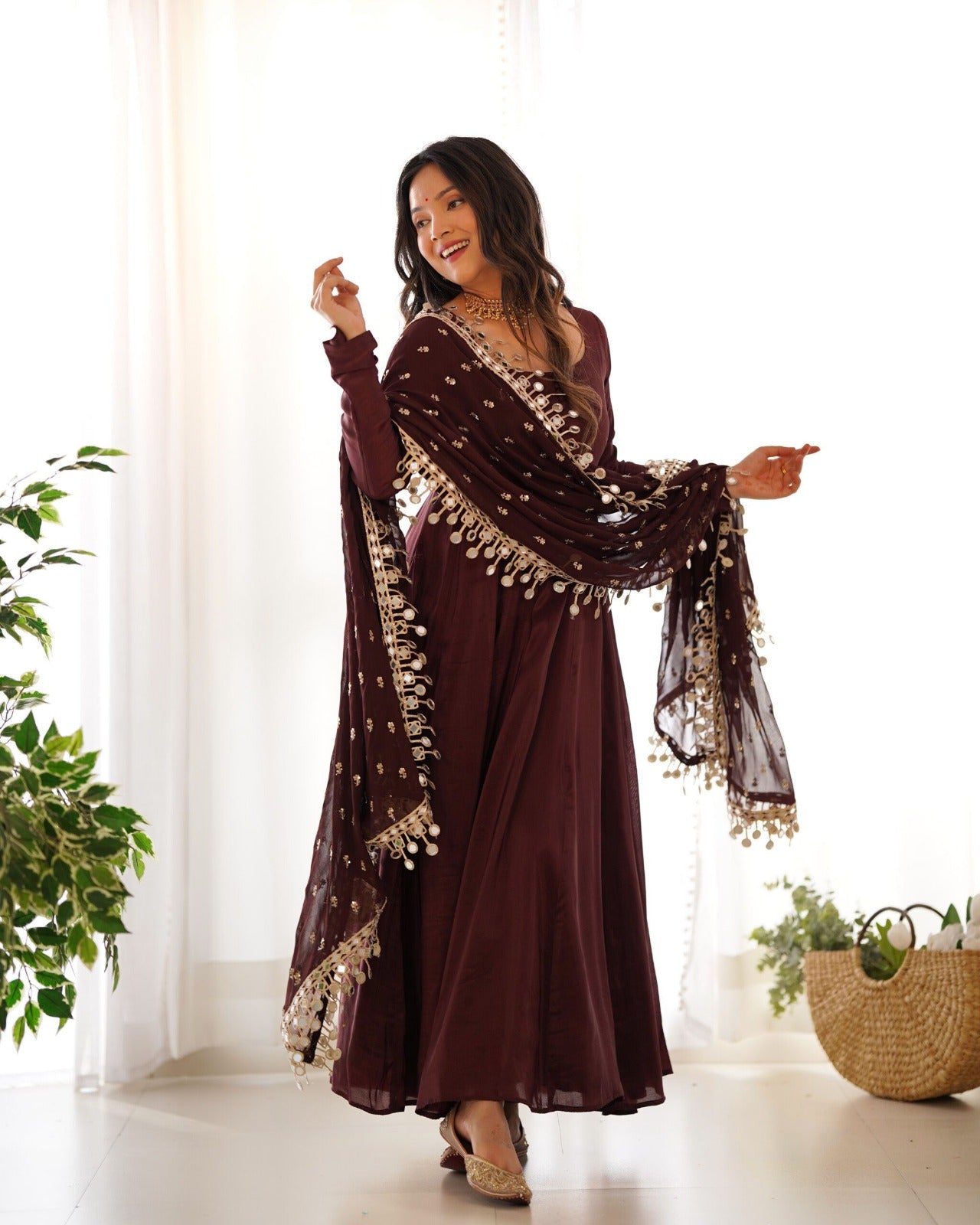 Coffee Brown Roman Silk Ready to Wear Kurta Set