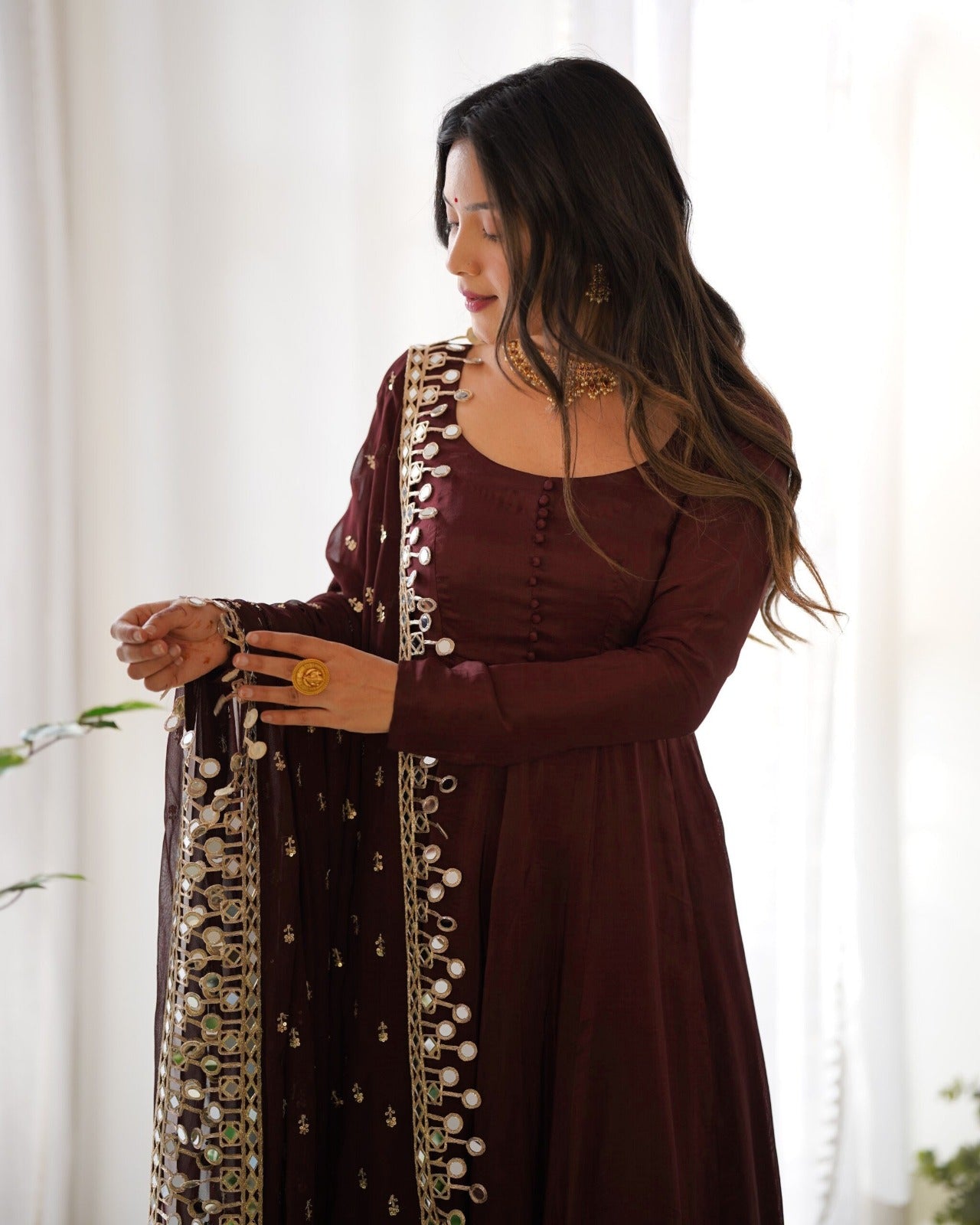 Coffee Brown Roman Silk Ready to Wear Kurta Set