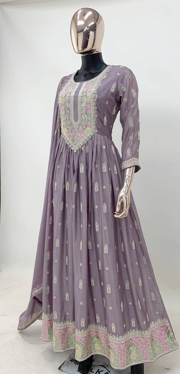 Lavender Color Silk Stitched Function Wear Gown Design