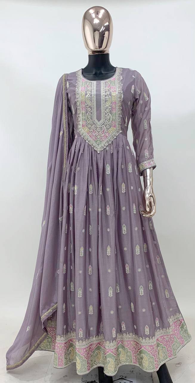 Lavender Color Silk Stitched Function Wear Gown Design