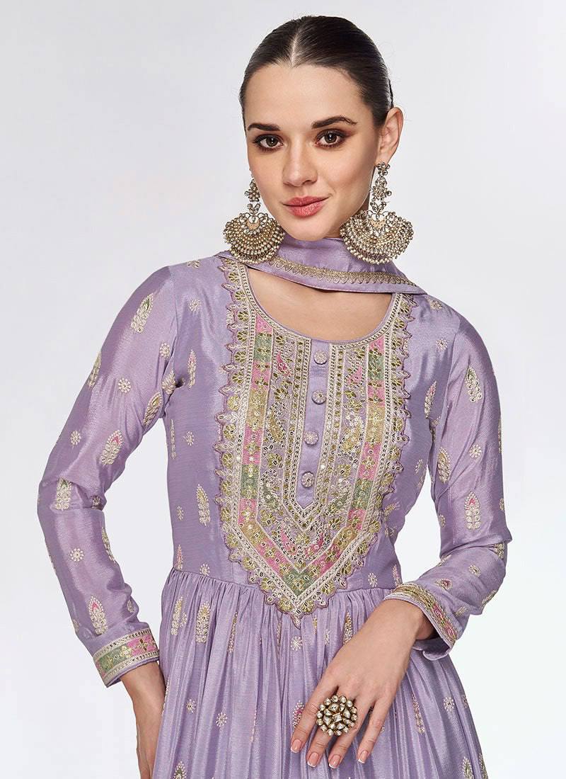 Lavender Color Silk Stitched Function Wear Gown Design