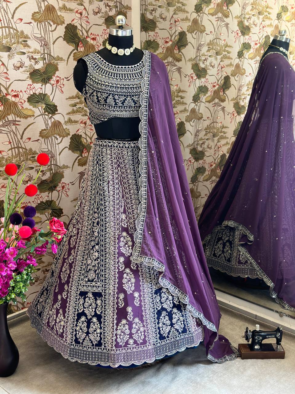 Purple Blue Georgette Sequence Embroidered Lehenga Choli