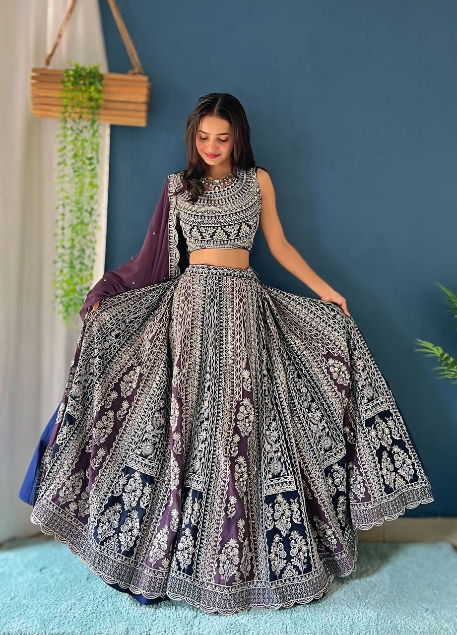 Purple Blue Georgette Sequence Embroidered Lehenga Choli