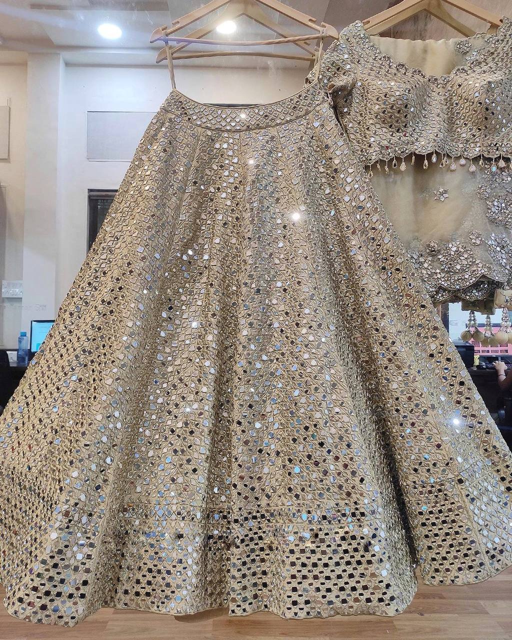 Classic Cream Color Satin Silk Real Mirror Embroidered Work Lehenga Choli