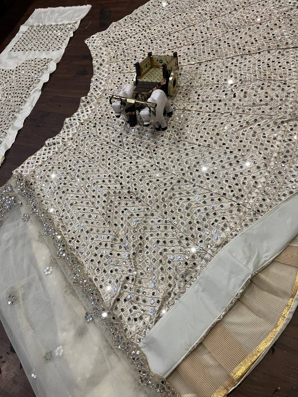 Classic Cream Color Satin Silk Real Mirror Embroidered Work Lehenga Choli