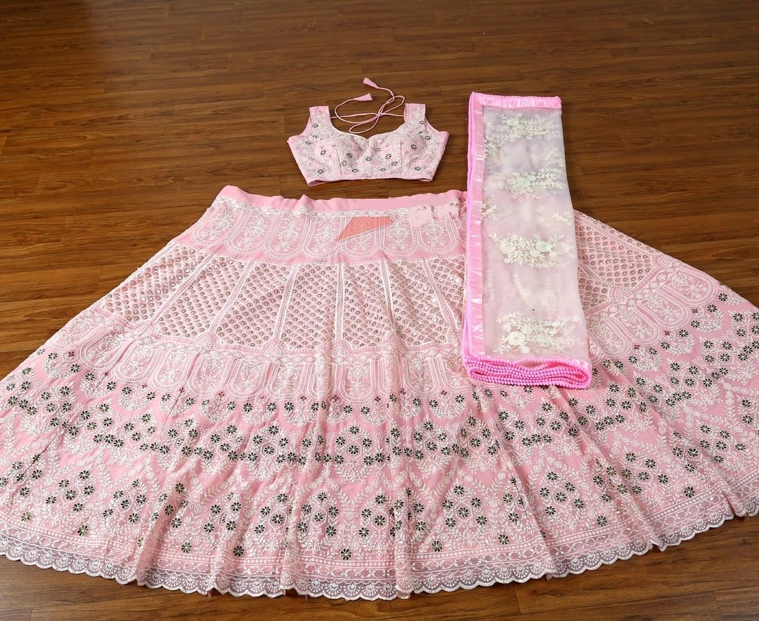 Pink Georgette Thread Embroidered Lehenga Choli
