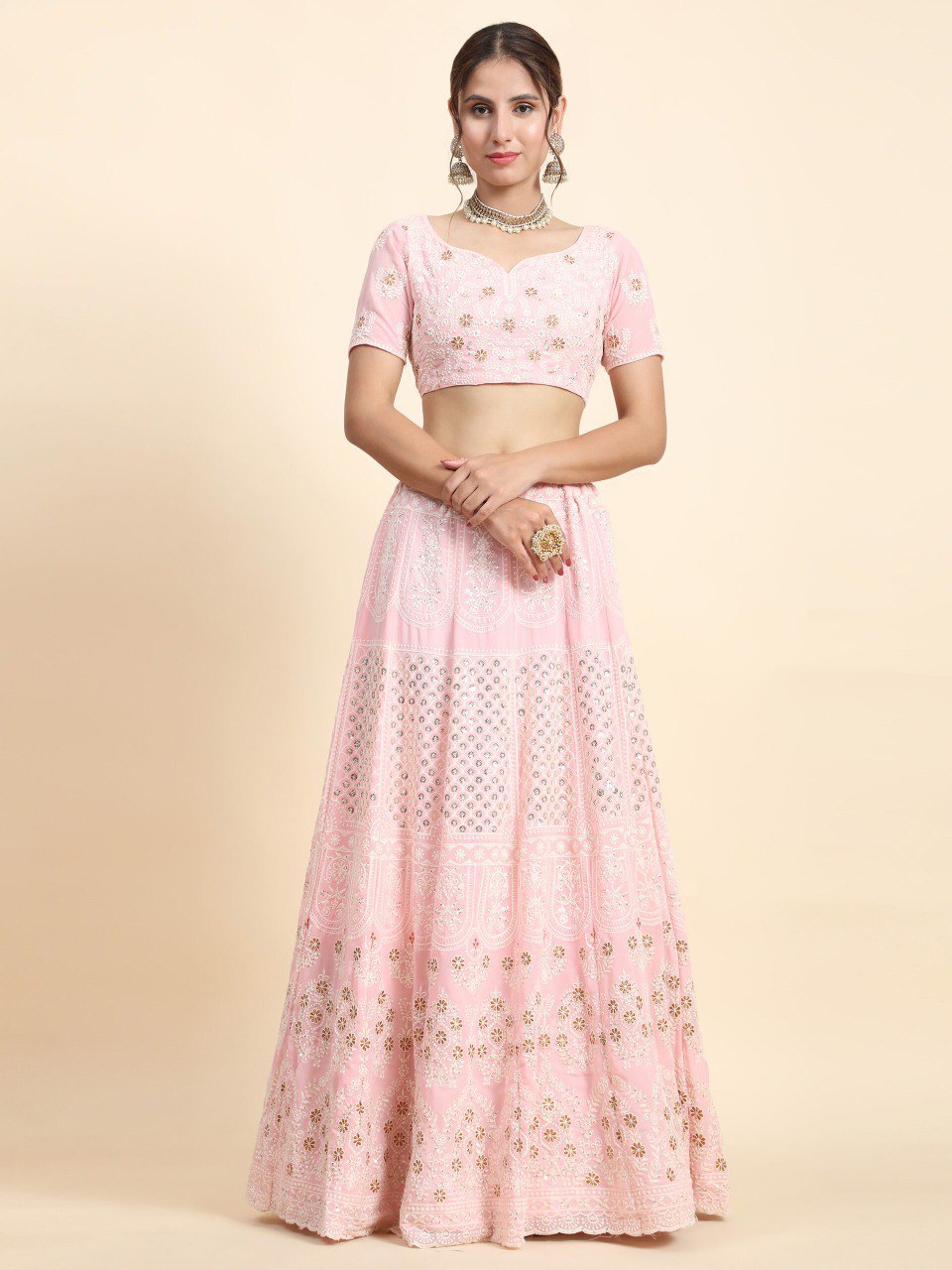 Pink Georgette Thread Embroidered Lehenga Choli