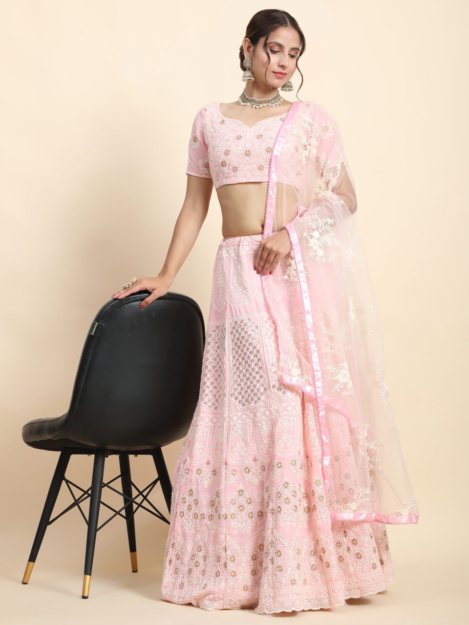 Pink Georgette Thread Embroidered Lehenga Choli