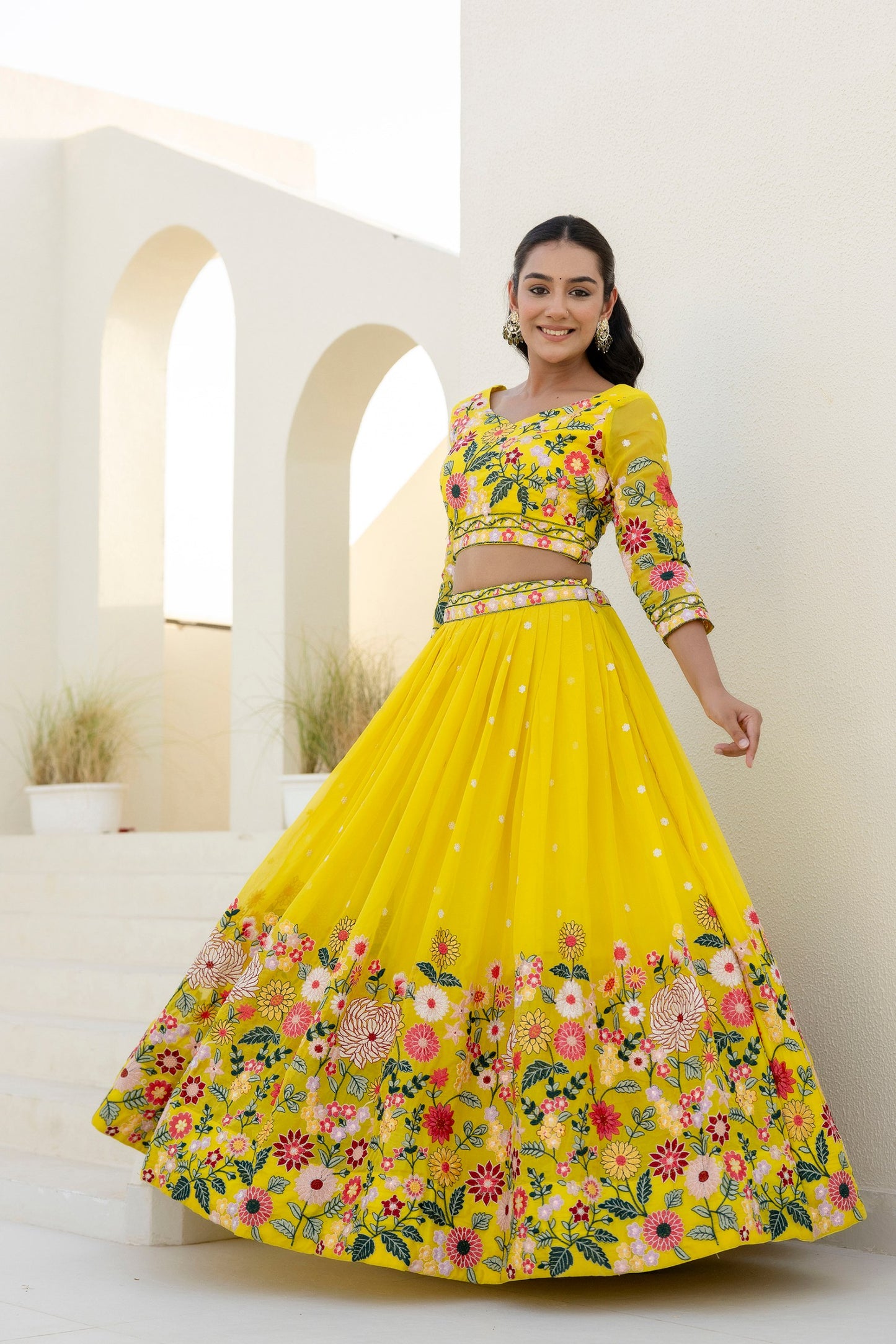 Lemon Yellow Colour Organza Heavy Floral Thread Sequins Wrok Lehenga Choli