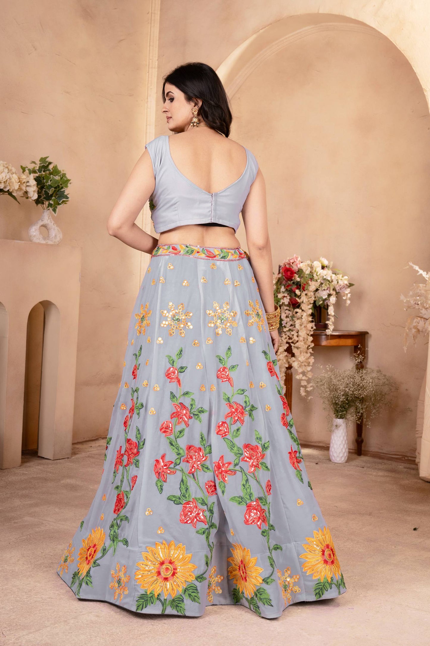 Light Sky Blue Faux Georgette Sequins and Threads Embroidery Semi Stiched Lehenga Choli