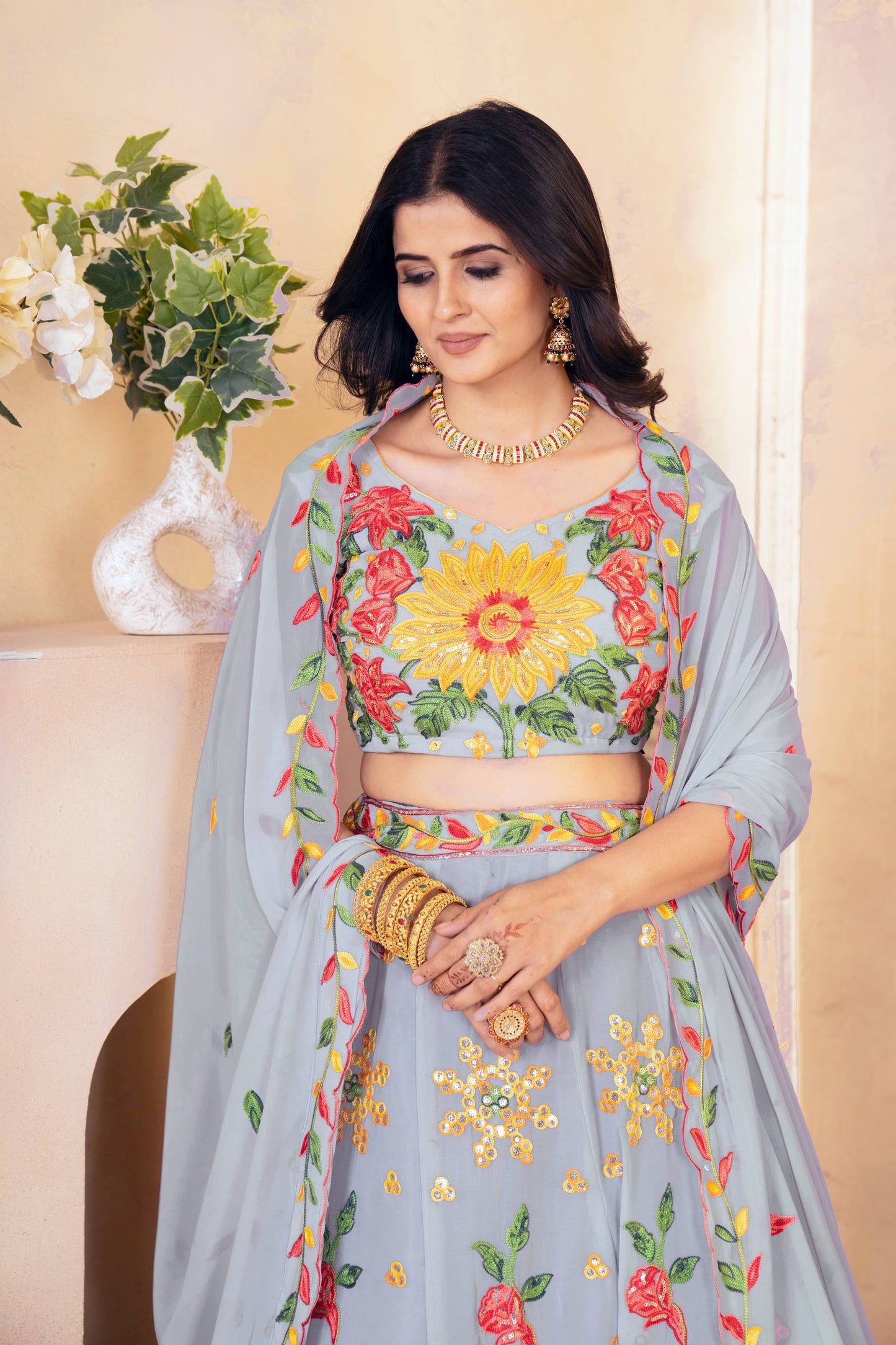 Light Sky Blue Faux Georgette Sequins and Threads Embroidery Semi Stiched Lehenga Choli