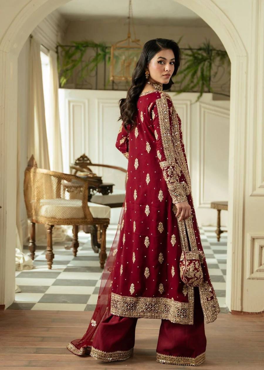 Red Color Georgette Heavy Work Stitched Sharara Suit