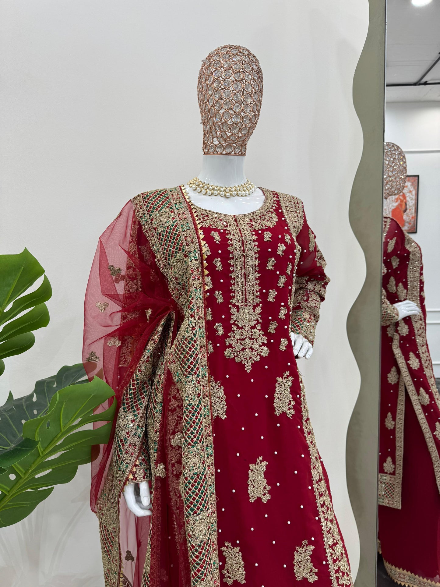 Red Color Georgette Heavy Work Stitched Sharara Suit