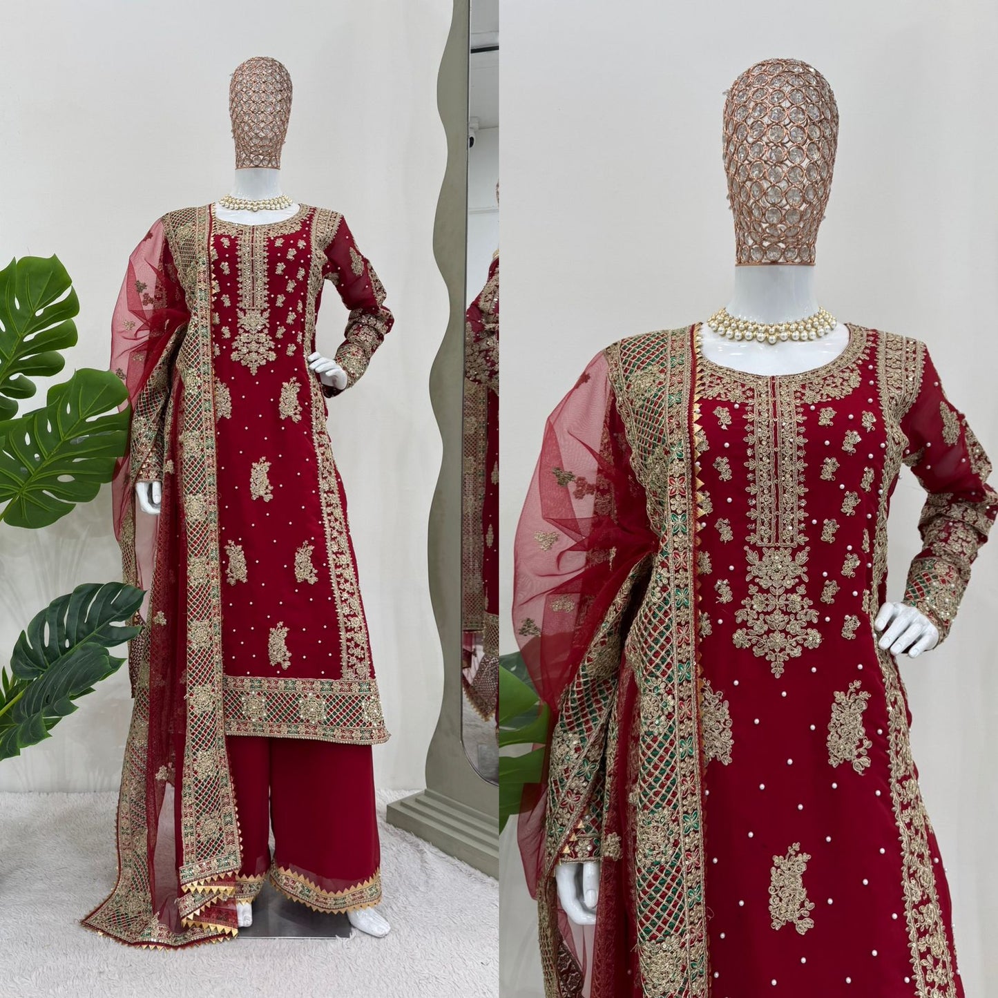 Red Color Georgette Heavy Work Stitched Sharara Suit