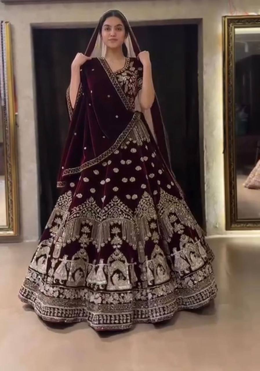 Maroon Velvet Heavy Work Lehenga Choli