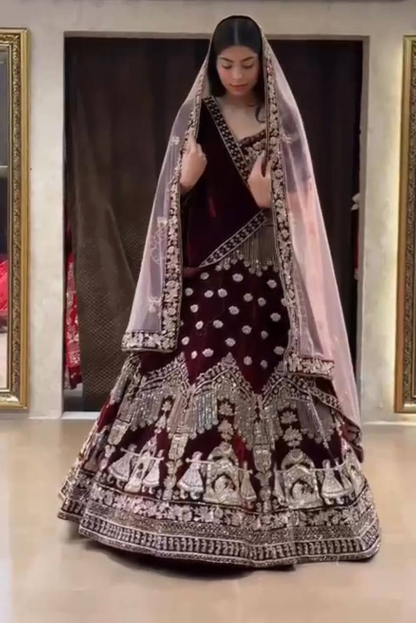 Maroon Velvet Heavy Work Lehenga Choli
