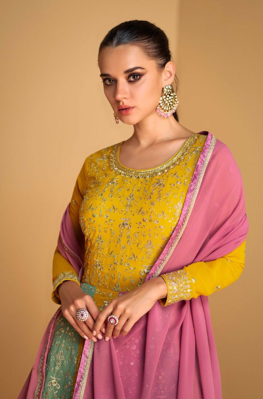 Multi Color Georgette Full Stitched Haldi Wear Gown