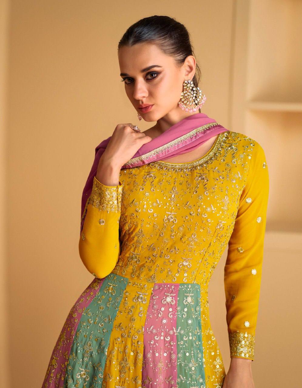 Multi Color Georgette Full Stitched Haldi Wear Gown