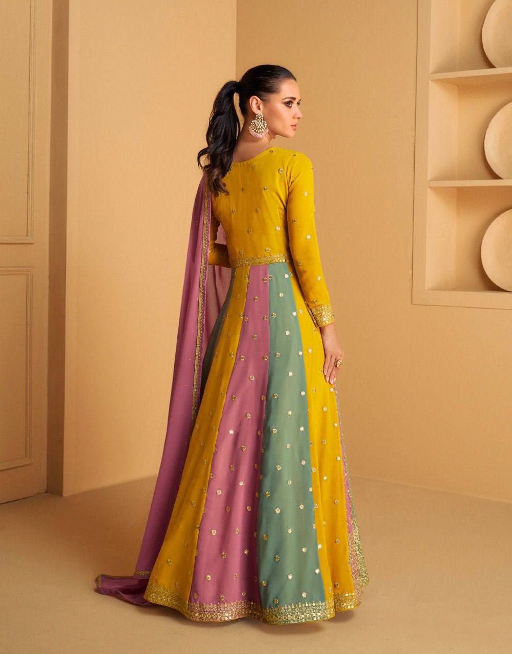 Multi Color Georgette Full Stitched Haldi Wear Gown