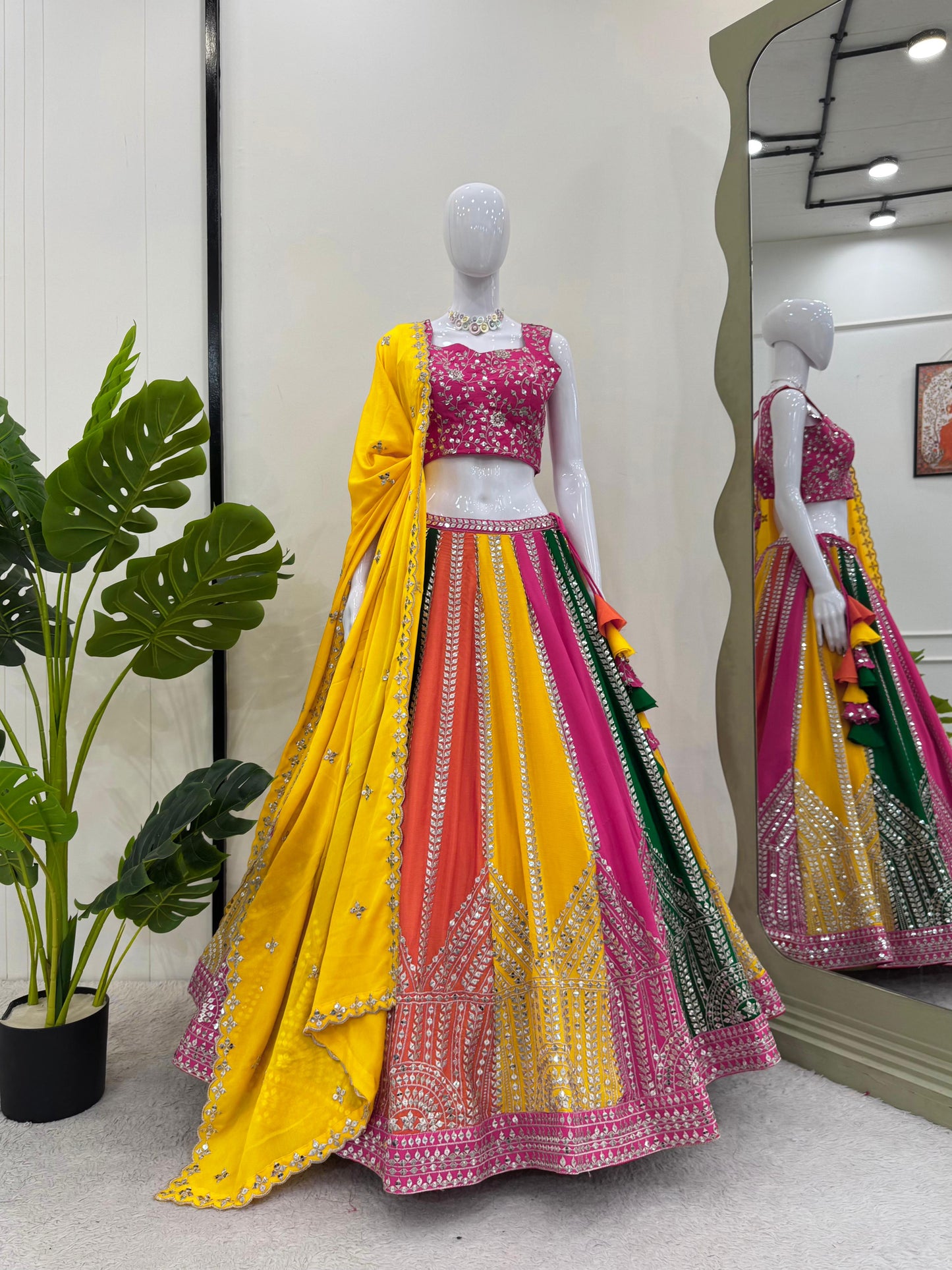Multi Color Sangeet Mehndi Haldi Wear Silk Lehenga Choli